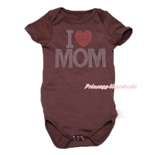 Mother's Day Brown Baby Jumpsuit with Sparkle Crystal Bling Rhinestone I Love Mom Print TH481 