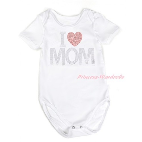 Mother's Day White Baby Jumpsuit with Sparkle Crystal Bling Rhinestone I Love Mom Print TH483 