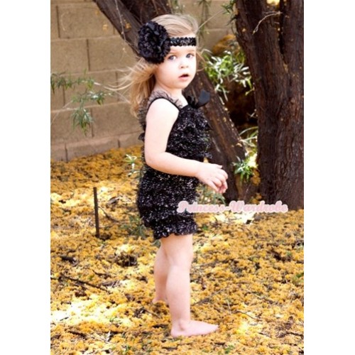 Sparkle Black Lace Ruffles Rompers With Straps With Big Bow & Bunch Of Black Satin Rosettes& Crystal,With Black Sequin Headband Black Peony RH132 