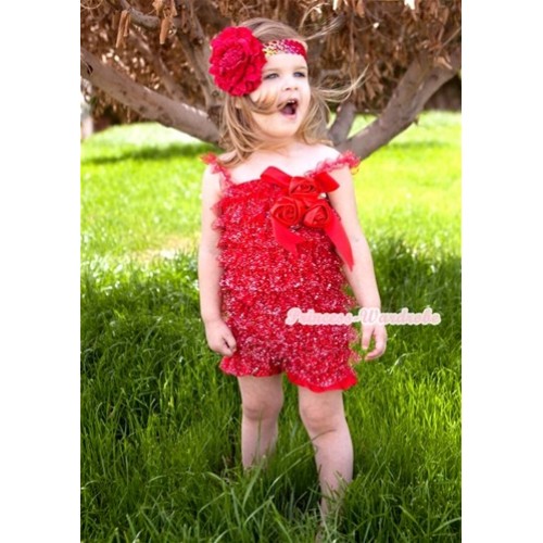 Sparkle Hot Red Lace Ruffles Rompers With Straps With Big Bow & Bunch Of Red Satin Rosettes& Crystal,With Red Sequin Headband Red Peony RH131 