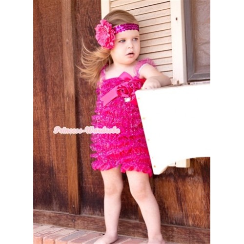 Sparkle Hot Pink Lace Ruffles Rompers With Straps With Big Bow & Bunch Of Hot Pink Satin Rosettes& Crystal,With Hot Pink Sequin Headband Hot Pink Peony RH130 