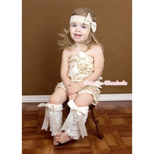 Ivory Cream White Lace Romper With Big Bow & Bunch Of Cream White Satin Rosettes & Crystal ,With Cream White Big Bow Cream White Lace Leg Warmer & Cream White Headband Cream White Satin Bow 3PC Set RH138 