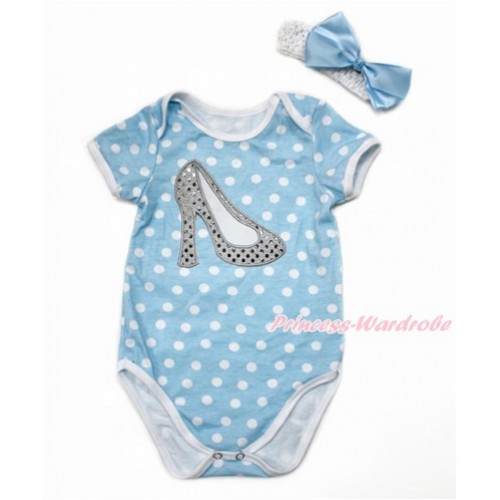 Light Blue White Dots Baby Jumpsuit with Sparkle White High Heel Shoes Print With White Headband Light Blue Silk Bow TH490 