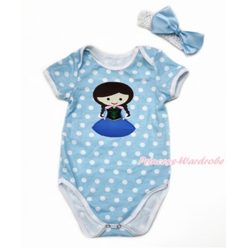 Light Blue White Dots Baby Jumpsuit with Princess Anna Print With White Headband Light Blue Silk Bow TH492 