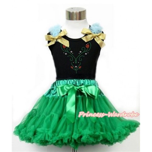 Black Tank Top with Light Blue Ruffles & Sparkle Goldenrod Bow with Sparkle Crystal Bling Rhinestone Princess Anna Print & Kelly Green Pettiskirt MG1177 