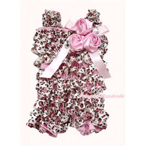 Light Pink Leopard Petti Romper with Light Pink Bow & Straps & Bunch of Light Pink Satin Rosettes& Crystal LR182 