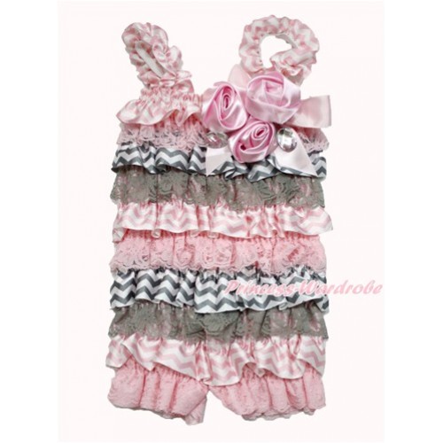 Light Pink Grey White Chevron Petti Romper with Light Pink Bow & Straps & Bunch of Light Pink Satin Rosettes& Crystal LR183 