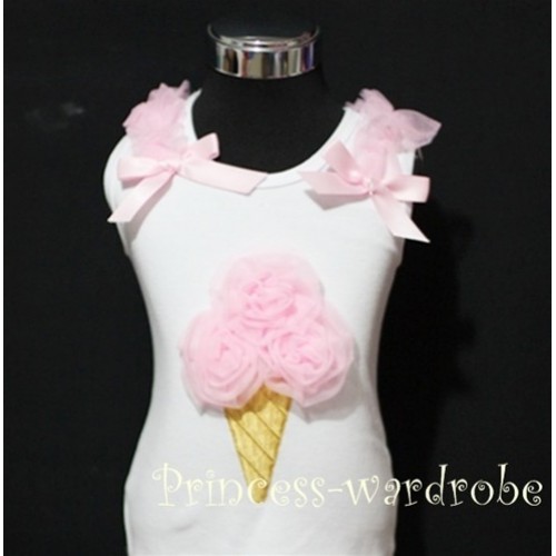 White Tank Top with Light Pink Ice Cream with Bows and Ruffles TS301 