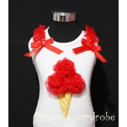 White Tank Top with Red Ice Cream with Bows and Ruffles TS302 