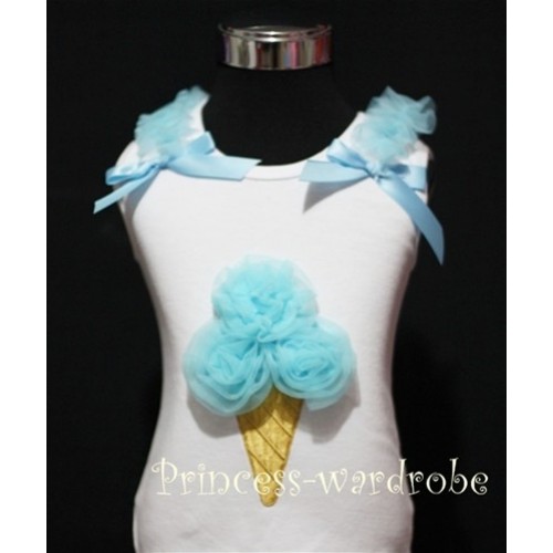 White Tank Top with Light Blue Ice Cream with Bows and Ruffles TS306 