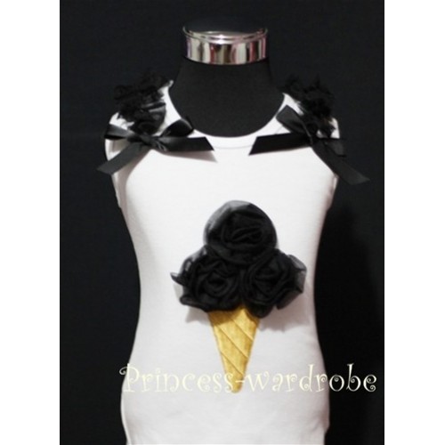 White Tank Top with Black Ice Cream with Bows and Ruffles TS311 