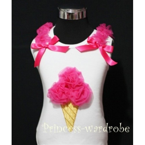 White Tank Top with Hot Pink Ice Cream with Bows and Ruffles TS312 