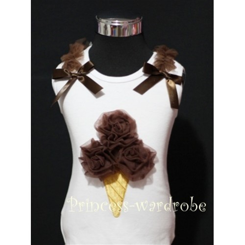 White Tank Top with Brown Ice Cream with Bows and Ruffles TS310 
