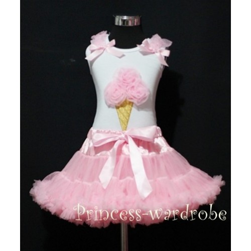 Light Pink Pettiskirt With Light Pink Ice Cream White Tank Top with Light Pink Bows and Ruffles MS301 