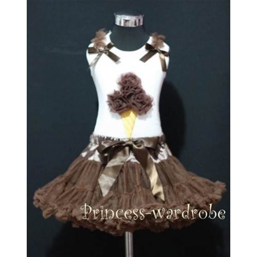 Brown Pettiskirt With Brown Ice Cream White Tank Top with Brown Ruffles &Bow MS310 