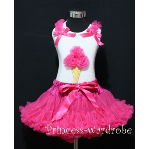 Hot Pink Pettiskirt With Hot Pink Ice Cream White Tank Top with Hot Pink Bows and Ruffles MS312 