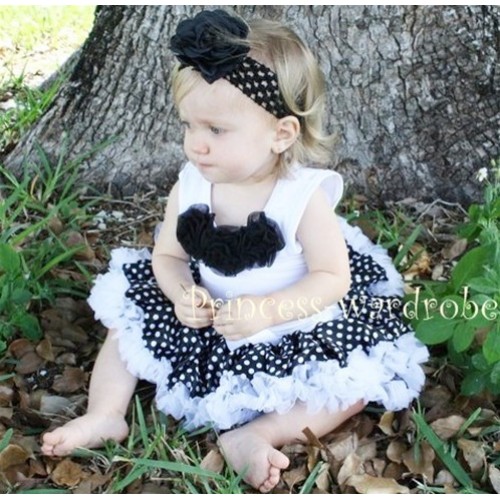 White Baby Pettitop & Black Rosettes with Black White Polka Pots Baby Pettiskirt NG113 