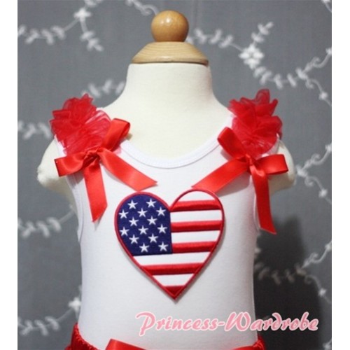 Patriotic America Flag Heart White Tank Top with Red Ruffles Red Bows TB160 