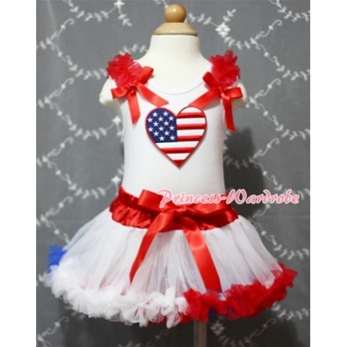 White Baby Pettitop & America Flag Heart & Red Ruffles & Red Bows with Red White Royal Blue Baby Pettiskirt NG370 