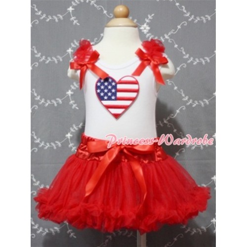 White Baby Pettitop & Patriotic America Flag Heart & Red Ruffles & Red Bows with Hot Red Baby Pettiskirt NG375 