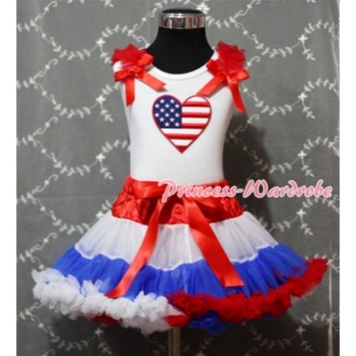 Red White Blue Pettiskirt with Patriotic America Heart Red Ruffles & Bow White Tank Top MM155 