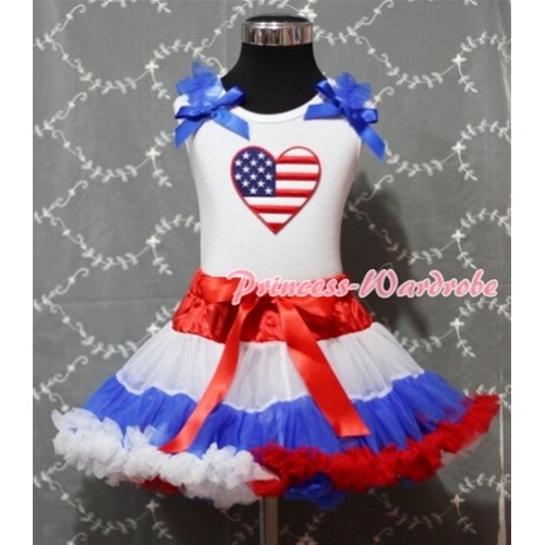 Red White Blue Pettiskirt with Patriotic America Heart Royal Blue Ruffles & Bow White Tank Top MM156 