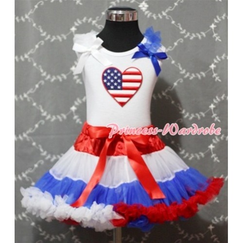 Red White Blue Pettiskirt with Patriotic America Heart White Royal Blue Ruffles & Bow White Tank Top MM158 