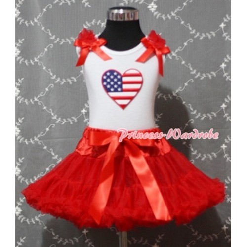 Red Pettiskirt with Patriotic America Heart Red Ruffles & Bow White Tank Top MM159 