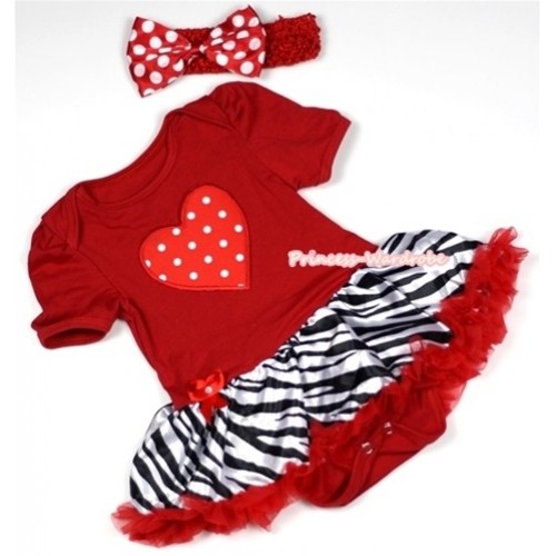 Red Baby Jumpsuit Red Zebra Pettiskirt With Red White Polka Dots Heart Print With Red Headband Minnie Dots Satin Bow JS684 