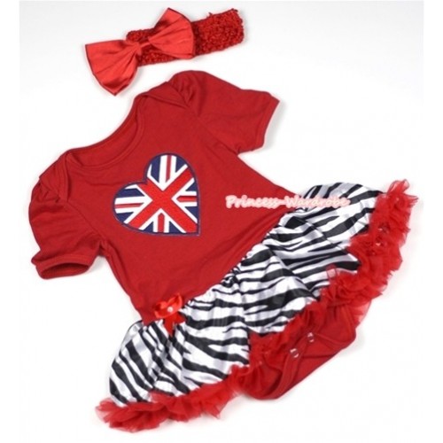 Red Baby Jumpsuit Red Zebra Pettiskirt With Patriotic British Heart Print With Red Headband Red Satin Bow JS686 