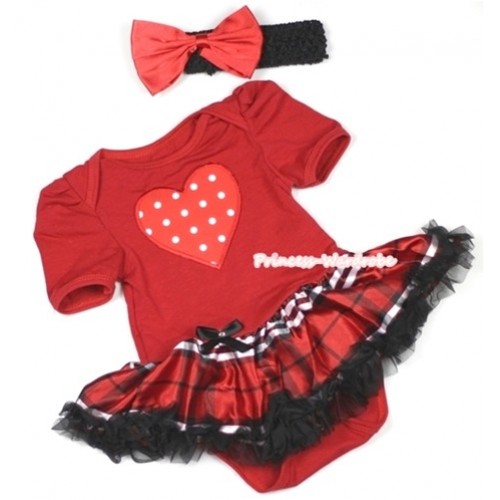 Red Baby Jumpsuit Red Black Checked Pettiskirt With Red White Polka Dots Heart Print With Black Headband Red Satin Bow JS695 