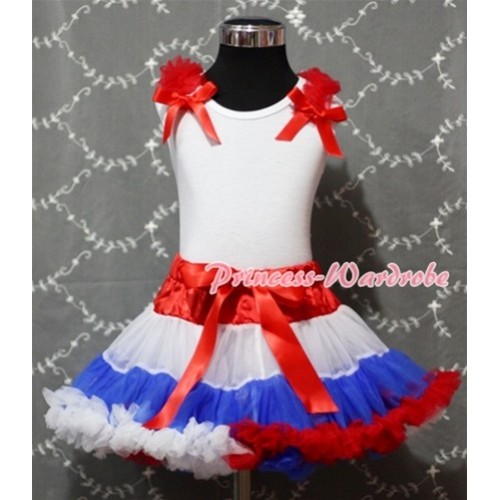 White Tank Top With Red Ruffles & Red Bows With Red White Royal Blue Pettiskirt MG63 