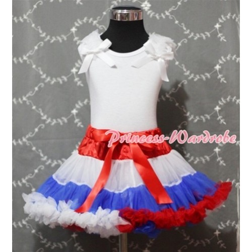 White Tank Top With White Ruffles & White Bow With Red White Royal Blue Pettiskirt MG65 