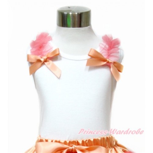 White Tank Top with Coral Tangerine Ruffles and Coral Tangerine Bow TB773 