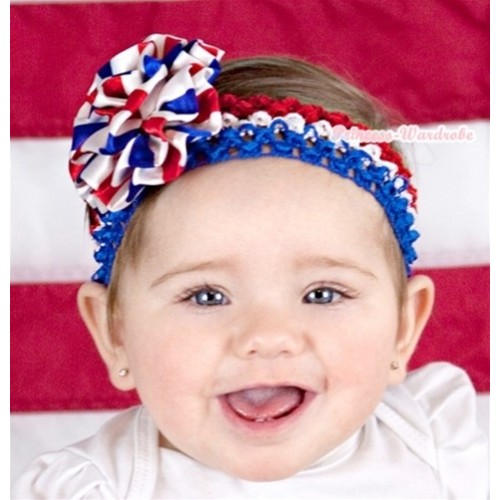 Red White Royal Blue Headband With Red White Royal Blue Striped Rose Hair Clip H671 