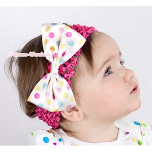 Hot Pink Headband With White Rainbow Polka Dots Satin Bow Hair Clip H668 