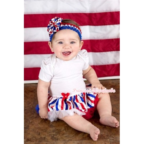 White Baby Jumpsuit Red White Royal Blue Striped Pettiskirt With Red White Royal Blue Headband Red White Royal Blue Striped Rose JS704 