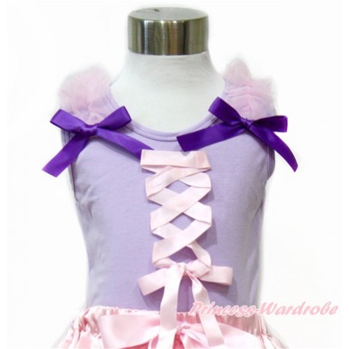 Tangled Princess Lavender Tank Top With Light Pink Ruffles & Dark Purple Bow With Light Pink Ribbon Bow TN235 