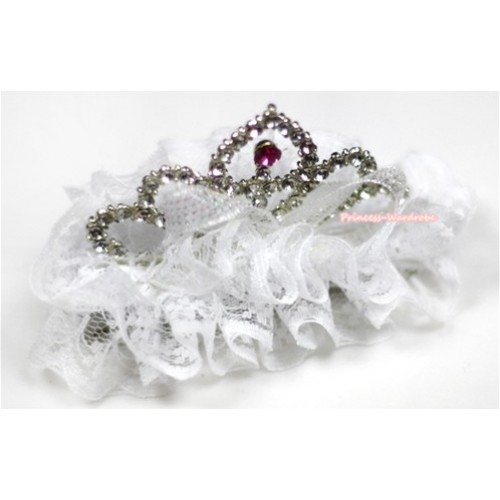 White Lace Ruffles Rinestone Crown Hair Clip H667 