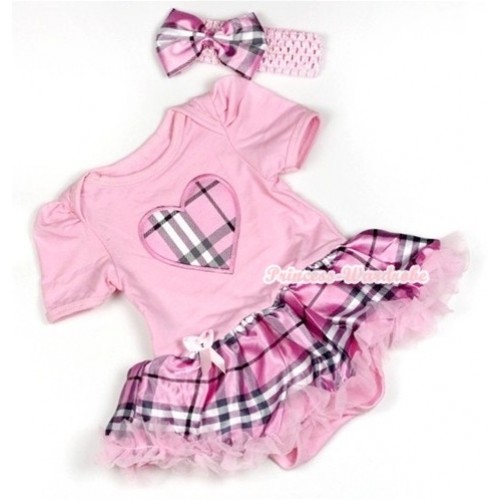 Light Pink Baby Jumpsuit Light Pink Checked Pettiskirt With Light Pink Checked Heart Print With Light Pink Headband Light Pink Checked Satin Bow JS778 