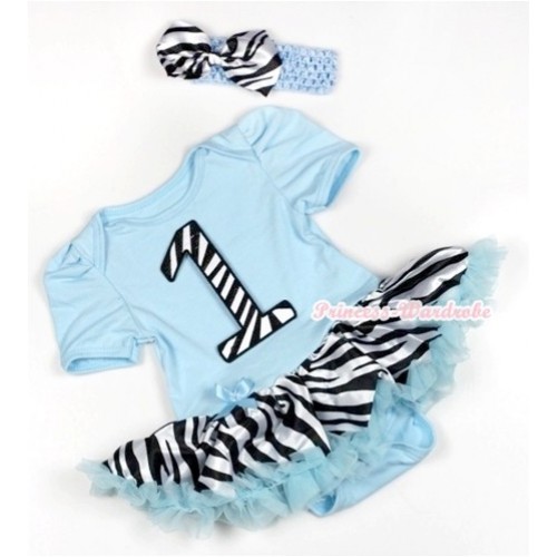Light Blue Baby Jumpsuit Light Blue Zebra Pettiskirt With 1st Zebra Birthday Number Print With Light Blue Headband Zebra Satin Bow JS789 