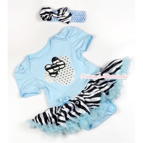 Light Blue Baby Jumpsuit Light Blue Zebra Pettiskirt With Sparkle White Minnie Print With Light Blue Headband Zebra Satin Bow JS790 