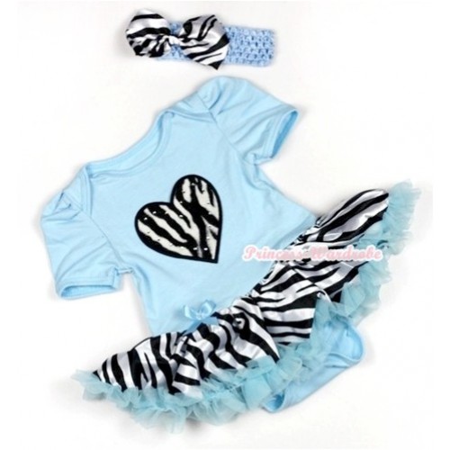 Light Blue Baby Jumpsuit Light Blue Zebra Pettiskirt With Zebra Heart Print With Light Blue Headband Zebra Satin Bow JS793 