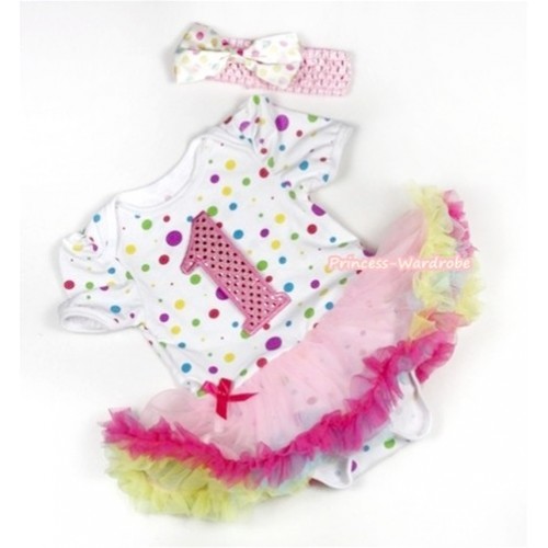 White Rainbow Dots Baby Jumpsuit Rainbow Pettiskirt With 1st Sparkle Light Pink Birthday Number Print With Light Pink Headband White Rainbow Dots Satin Bow JS796 
