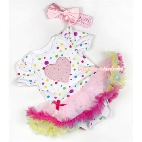 White Rainbow Dots Baby Jumpsuit Rainbow Pettiskirt With Light Pink Heart Print With Light Pink Headband Light Pink Satin Bow JS799 