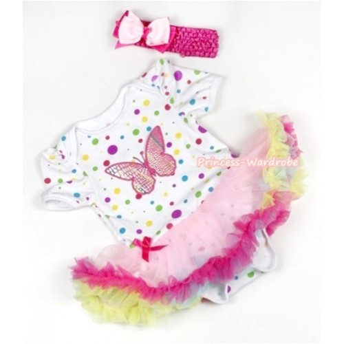 White Rainbow Dots Baby Jumpsuit Rainbow Pettiskirt With Rainbow Butterfly Print With Hot Pink Headband Light Pink Hot Pink Ribbon Bow JS801 
