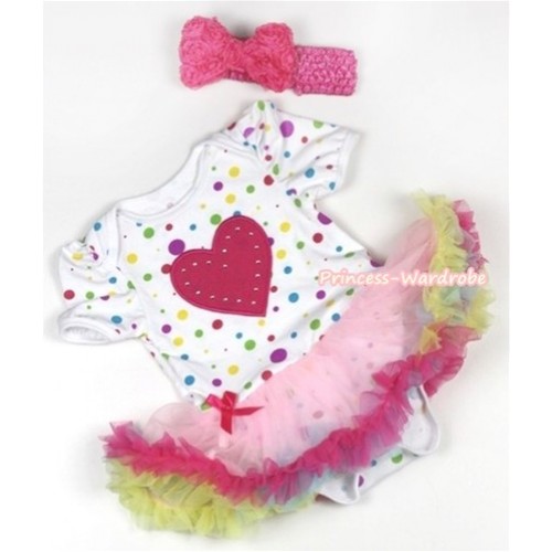 White Rainbow Dots Baby Jumpsuit Rainbow Pettiskirt With Hot Pink Heart Print With Hot Pink Headband Hot Pink Romantic Rose Bow JS802 