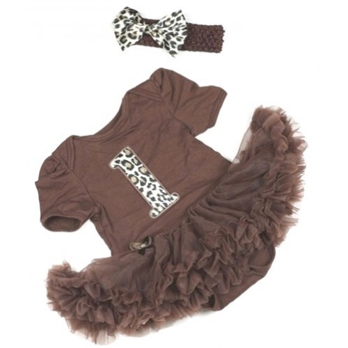 Brown Baby Jumpsuit Brown Pettiskirt With 1st Leopard Birthday Number Print With Brown Headband Leopard Satin Bow JS806 