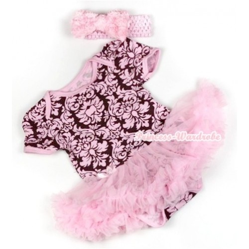 Light Pink Damask Baby Jumpsuit Light Pink Pettiskirt With Light Pink Headband Light Pink Romantic Rose Bow JS758 