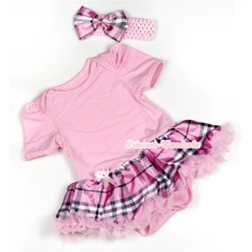 Light Pink Baby Jumpsuit Light Pink Checked Pettiskirt With Light Pink Headband Light Pink Checked Satin Bow JS759 